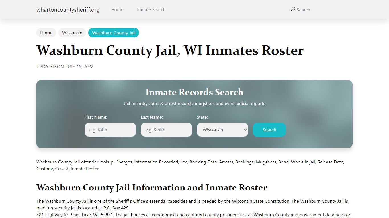 Washburn County Jail, WI Jail Roster, Name Search